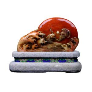 Chinese Red Shoushan Stone Seal/Stamp w Carp Fish & Fortune Bat